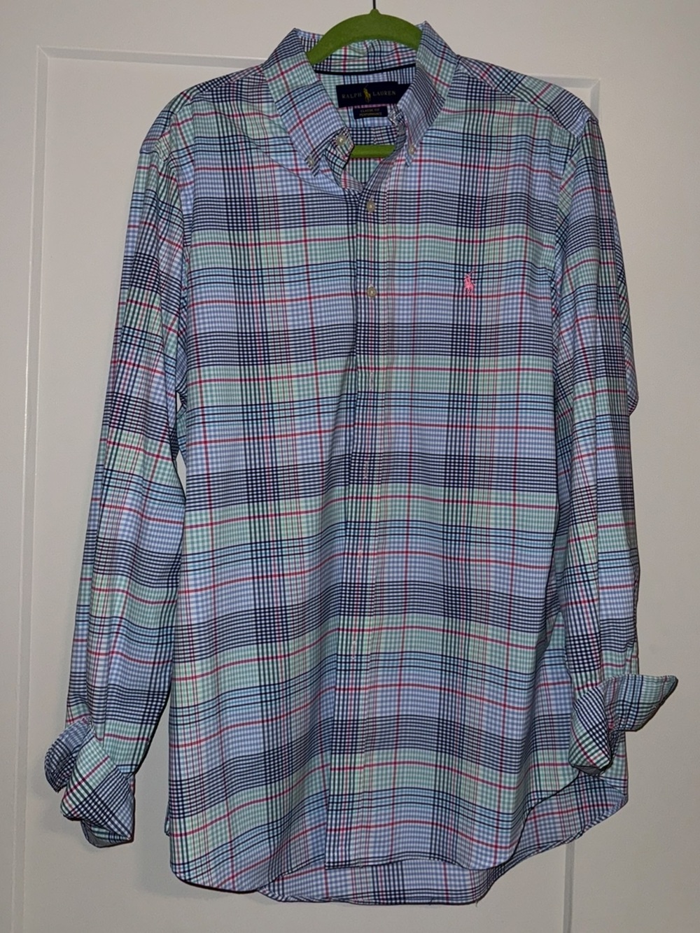 Ralph Lauren Men’s Mint, Navy & Pink Plaid Button-Down Shirt